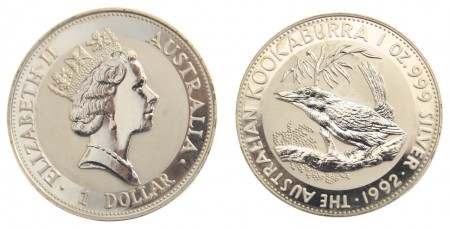 35 EUR  1 Dolar 1992 Australia  Kookaburra plata 999 31,1 gr